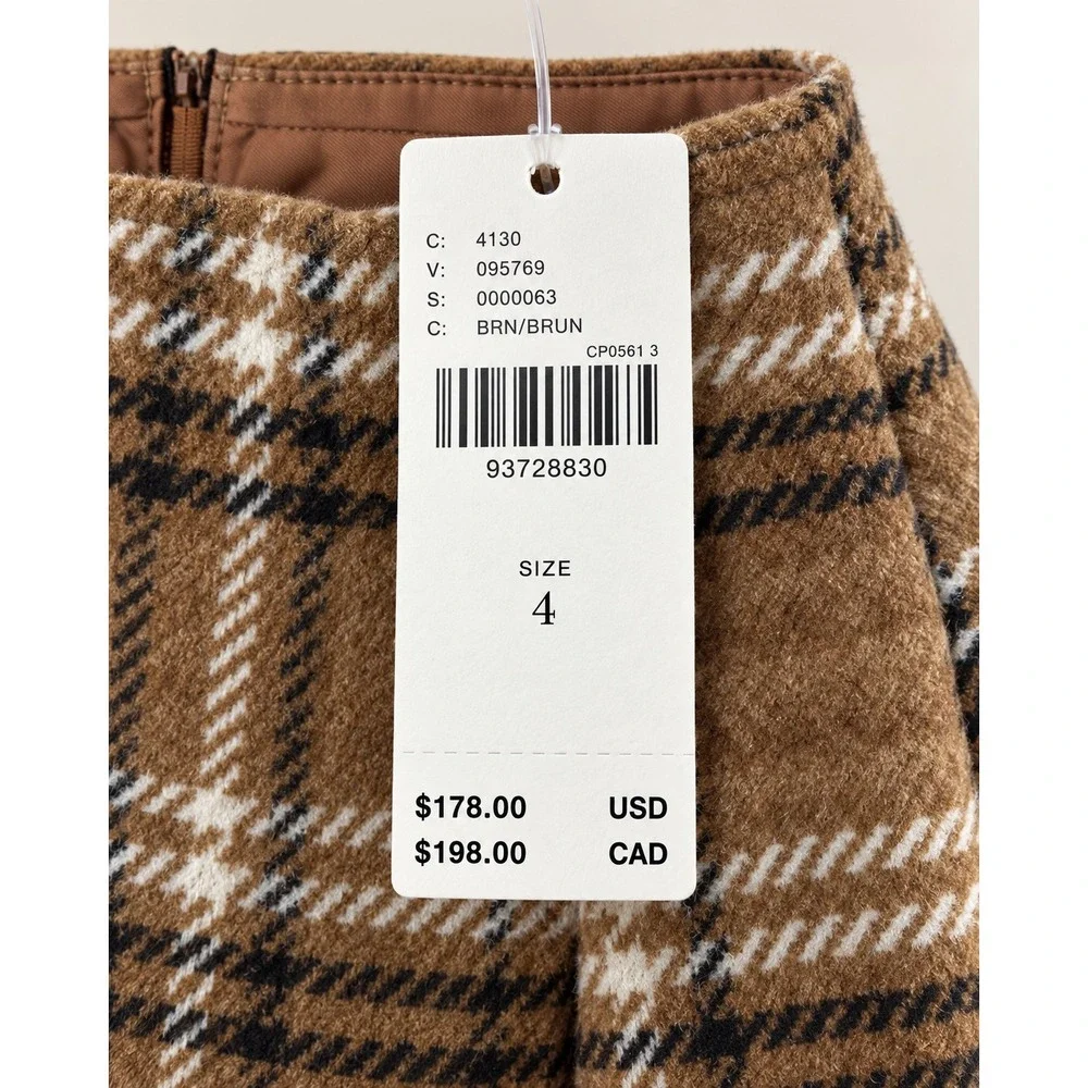 Anthropologie Plaid High Waisted Midi Skirt Brown Ivory Size 4 NWT